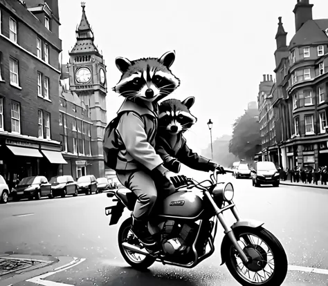 racoons riding motorcycle on london