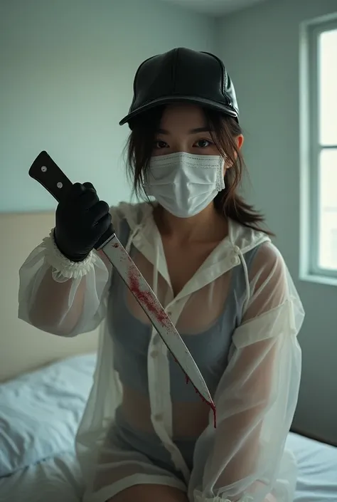 korean girl, (behind stiff, holding knife), stabbing, bloody surgical mask, black gloves, white room, white transparent raincoat, black wet suit, leather trucker hat, bloody knife, black gloves, sunset light, foodie, woman on top, behind cadaver, blood spl...