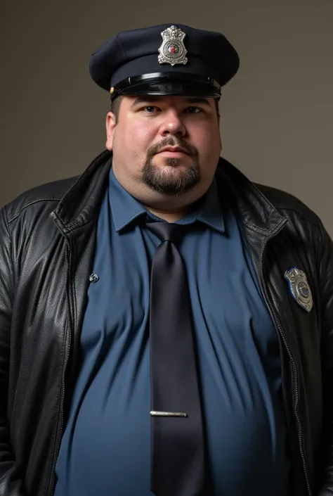 burly stocky rough chubby police officer sweaty face with goatee wearing black leather jacket with badge blue shirt with tie police cap 