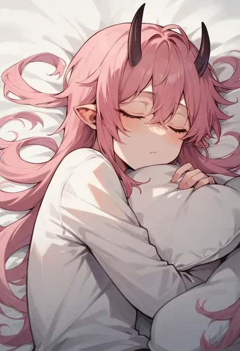 Femboy incubus, long pink hair, small horns, sleeping