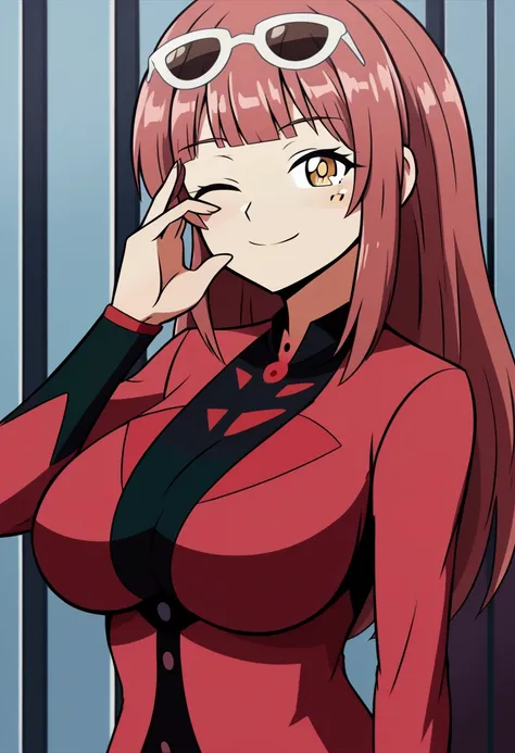 (masterpiece, best quality:1.2), 1girl, urara-sensei, mature female, solo, red hair, long hair, blunt bangs, anime coloring, highly detailed, red suit, long sleeves, golden eyes, sunglasses, adjusting eyewear, eyewear on head, seductive smile, one eye clos...