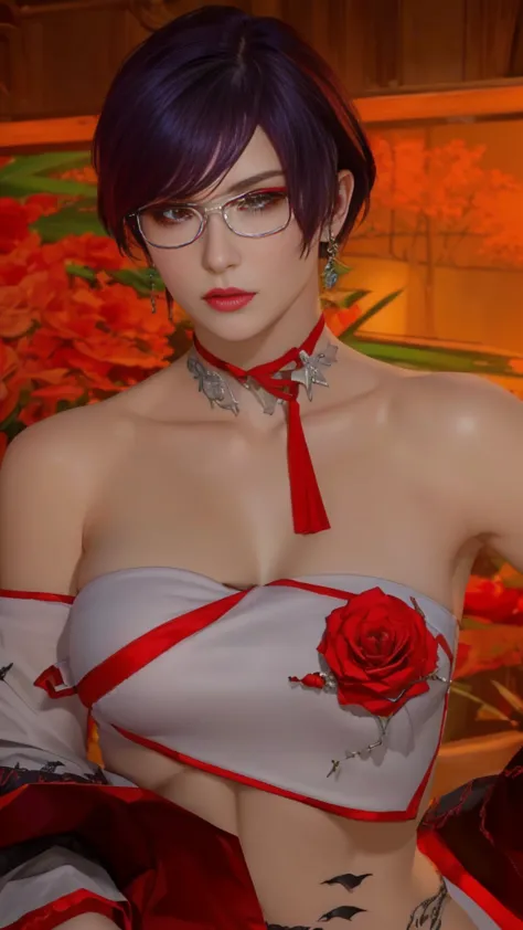 there is a woman with tank top and a red rose ornament on her chest, white glasses, full body!! maximalist details, wearing a se...