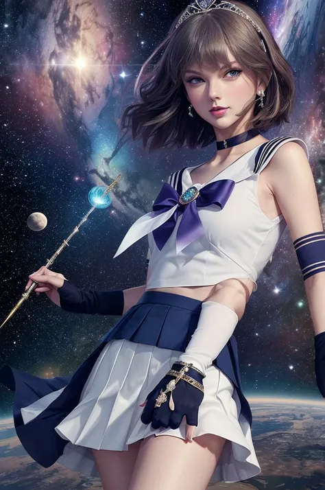 (masterpiece:1.2), (best quality:1.2), (extremely detailed:1.2),
Taylor Swift, (shot hair:1.2), shy smile, dynamic pose,
sailor saturn, tiara, sailor senshi uniform, pleated skirt, elbow gloves, jewelry, brooch, choker, (no skirt:1.4),
outer space, 