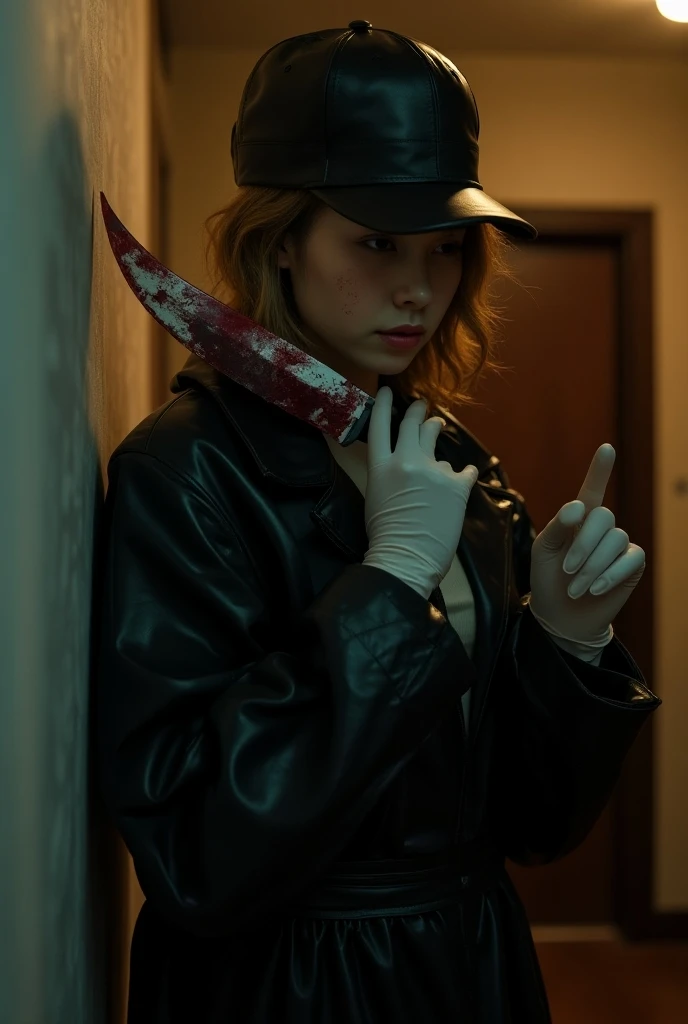 korean beautiful girl, (behind stiff, bloody surgical mask), bloody knife, stabbing, white latex gloves, bloody room, bloody black raincoat, foodie, leather trucker hat, holding knife, hotel room, latex gloves, hidden, blood splatter, blonde short hair, bl...