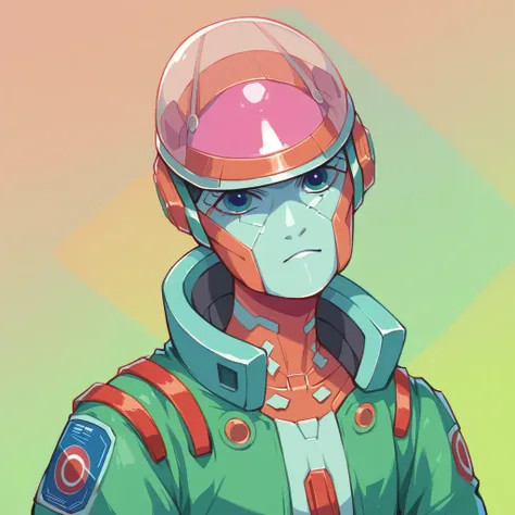 (masterpiece,best quality,ultra detailed,ultra high res,detailed background),((cyberpunk)),((flat color)),((colorful)),(1girl),pilot,pilot helmet,pilot jacket,looking at viewer,solo,upper body,colored background,high contrast,contrasting colors,cowboy shot...