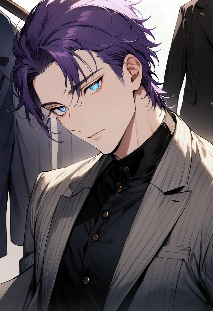 whole body、character portrait、male、masterpiece、handsome、the forehead is visible、1 man,  purple hair、worn suit、jacket、give bangs、...