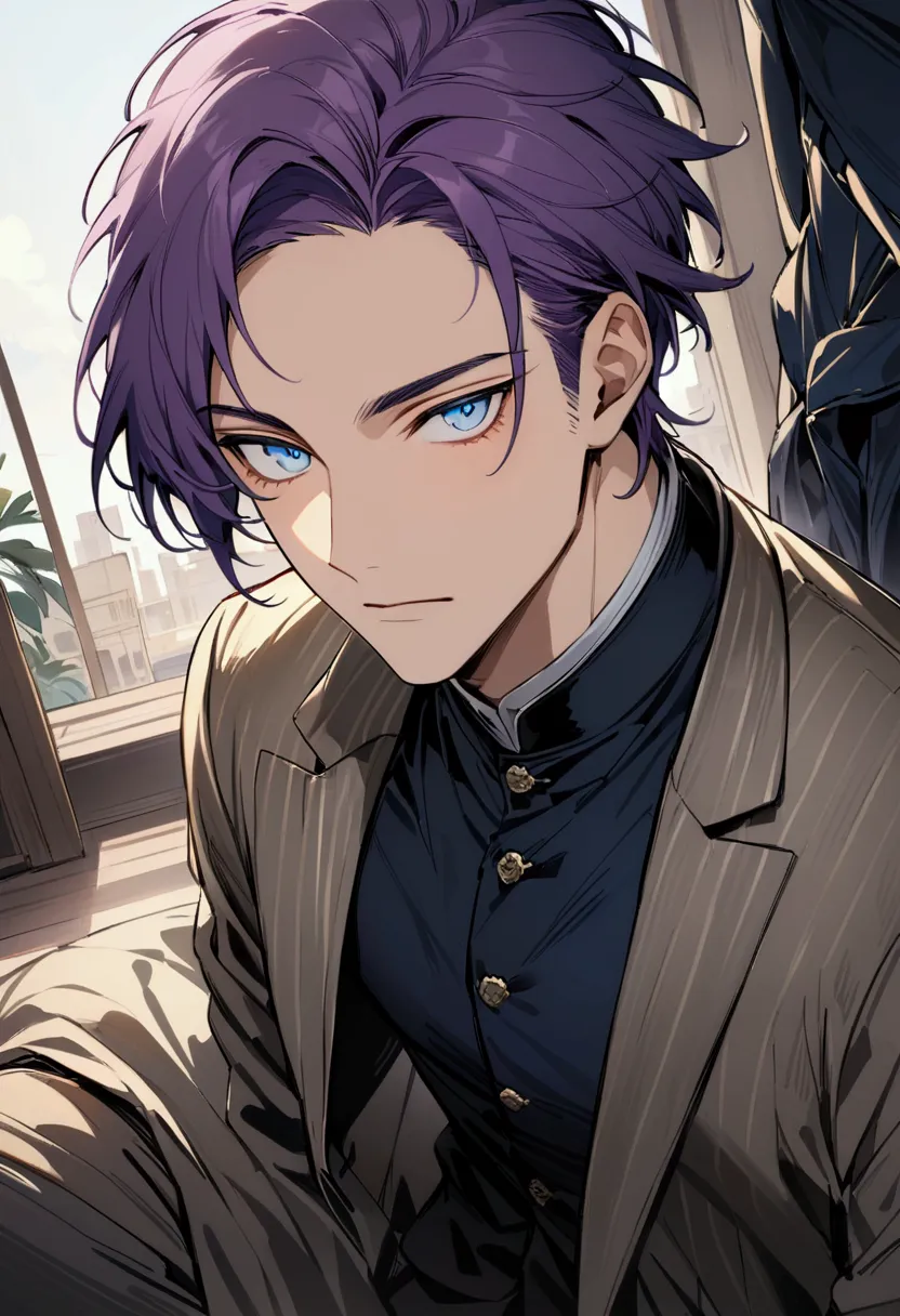 whole body、character portrait、male、masterpiece、handsome、the forehead is visible、1 man,  purple hair、worn suit、jacket、give bangs、...