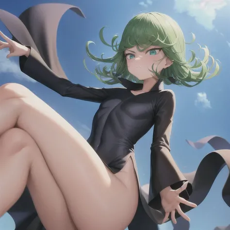 1girl, tatsumaki, flat chest, black dress, pelvic curtain, long sleeves, green eyes, glowing eyes, crossed arms, pouting, closed mouth, piercing gaze, standing, legs apart, from below, looking at viewer, blue sky