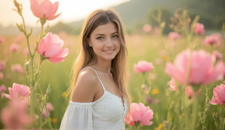 best quality, masterpiece, ultra high resolution (photorealistic: 1.4), raw photo, 1 girl, white dress, bare shoulders, field of...