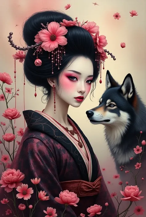 Ink dripping painting style thick visible brush strokes on canvas  dark, horror, smoky, mist, Fantasy-themed captivating vibrant paintings featuring a geisha with striking pink feathers artistic by Anton Belovodchenko, adorned with shabby chic delicate pop...