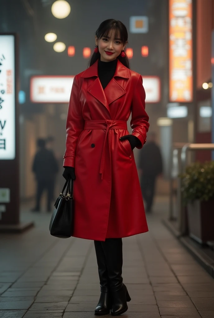 real life modern Photo. full body view of a radiant Japanese woman. large breasts. 24 years-old. straight black hair pinned back with bangs. narrow eyes. Traditional beauty. smoky eyeshadow. evening makeup.  small red coral earrings. Wearing red pvc macint...