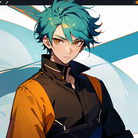 1 boy, turquoise hair, orange eyes, black uniform, handsome, orange eye liner, high quality, high quality, detailed eyes