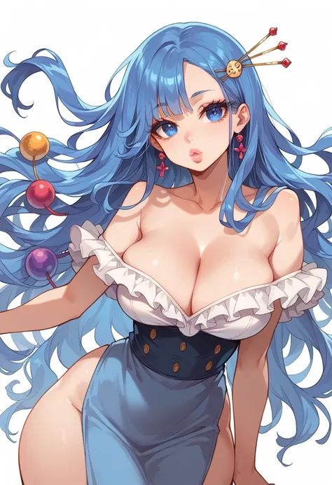 blue hair , long hair,  had,  blue eyes, big lips,   plump lips, big eyelashes, big breasts,  big hips, hot, messy,  sexy,  clev...