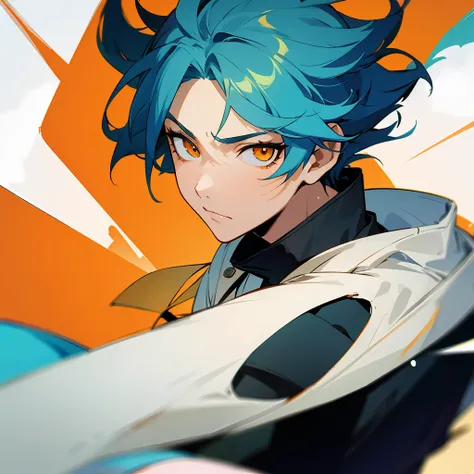 1 boy, turquoise hair, orange eyes, black uniform, handsome, orange eye liner, high quality, high quality, detailed eyes , white...