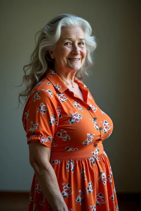 A real and lifelike photo of a beautifully aged extremely busty grandmother. Her body is very thin but her breasts are enormous and protrude well beyond her body. She has a pleasant smile and is wearing a vibrant flare skirt shirtwaist dress, has long hair...