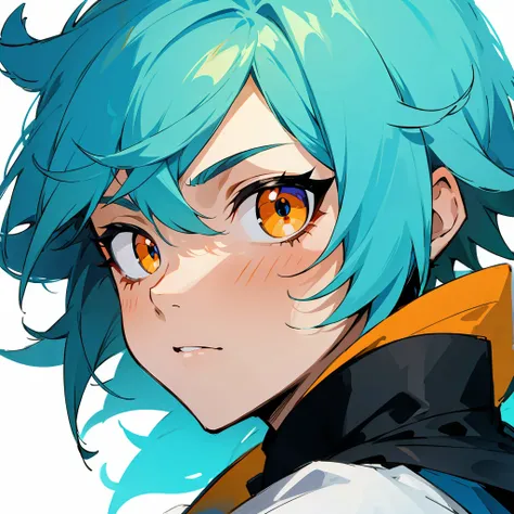 1 boy, turquoise hair, orange eyes, black uniform, handsome, orange eye liner, high quality, high quality, detailed eyes , white...