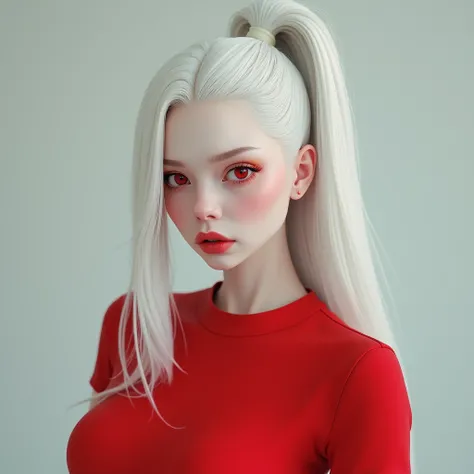 Create a realistic photo image of a 22-year-old albino young woman,  with straight, hip-length hair , of a pure white. Their eyes are an intense red color and their skin is pale and translucent. She has white eyebrows , Like her hair , Y measures 1 .65 m. ...