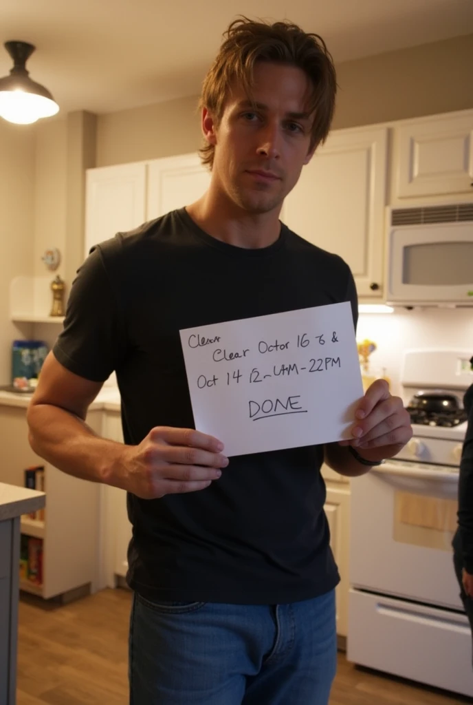 A relaxed photo of ryan_gosling, dressed in a dark t-shirt and blue jeans, standing in a kitchen with modern, minimalistic decor. He holds up a piece of paper to show the handwritten message: "Pulse CS - Clear Oct 16 & Oct 14 6AM - 12PM DONE!" The warm, ov...