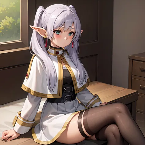 1 girl,  twin tails,  very long hair ,  silver hair,  pointed ears, elf,  white capelet, green eyes,  black pantyhose ,  earring...