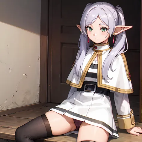  1 girl,  twin tails,  very long hair ,  silver hair,  pointed ears, Elf,  white capelet, green eyes,  Black Pantyhose ,  earrings for a woman alone, White Skirt, belt, White sleeves、((( skirt raised:1.5、Panty shot:1.3)))、Thighs、sit、(Spread your legs wide:...