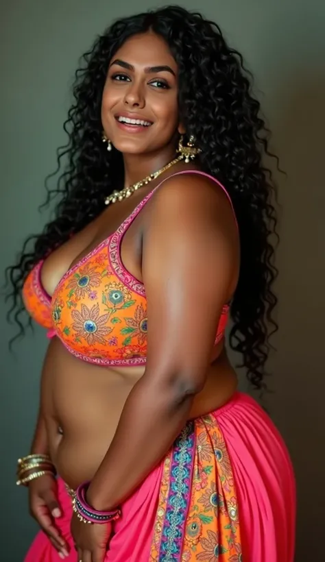 Create a  really seducing plus size side body position indian plus size Woman, who is around 40+ aged, she have amazing bouncing big size cleavage, her sexy big ass, big hips, hegure is hourglass shape,long curly hair,she wears leather colorful bra with Op...