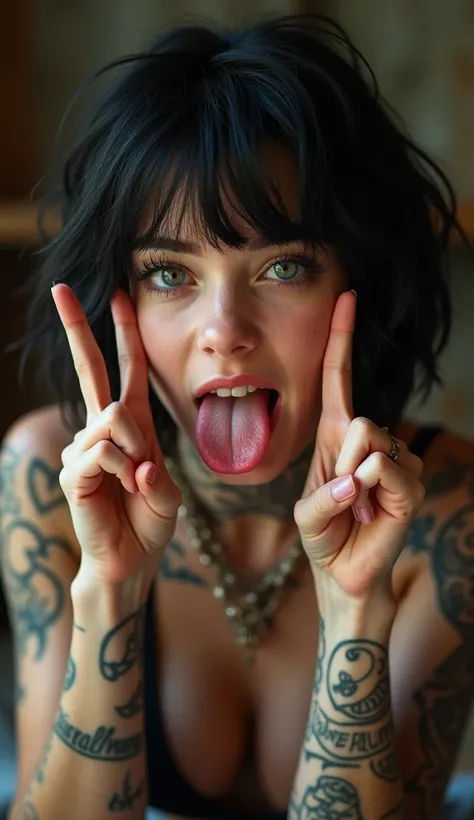 a teen lesbian babe with short shaggy bob hairstyle, tattoos, punk, beautiful detailed eyes, beautiful detailed lips, extremely detailed eyes and face, long eyelashes, taunting the viewer by sticking out her little tongue between v-sign fingers, mimicking ...