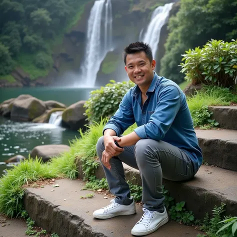 Stunning 8k portrait photo of an Indonesian man dressed in blue color , She has very short dark hair,  grey pants and white shoes .  The man sits smiling against the background of a waterfall landscape near the river there are stairs, there is a lawn garde...