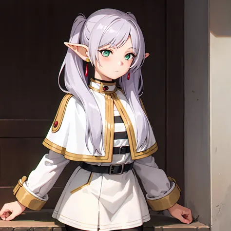  1 girl,  twin tails,  very long hair ,  silver hair,  pointed ears, Elf,  white capelet, green eyes,  Black Pantyhose ,  earrings for a woman alone, White Skirt, belt, White sleeves、((( skirt raised:1.5、Panty shot:1.3)))、Thighs、Backwards、look back