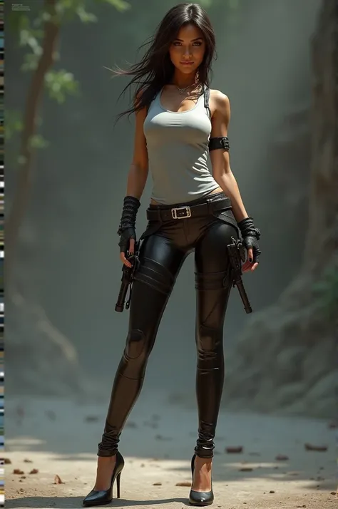 Lara croft, Long legs, Latex leggings, silver shirt, high heels, small butt, 