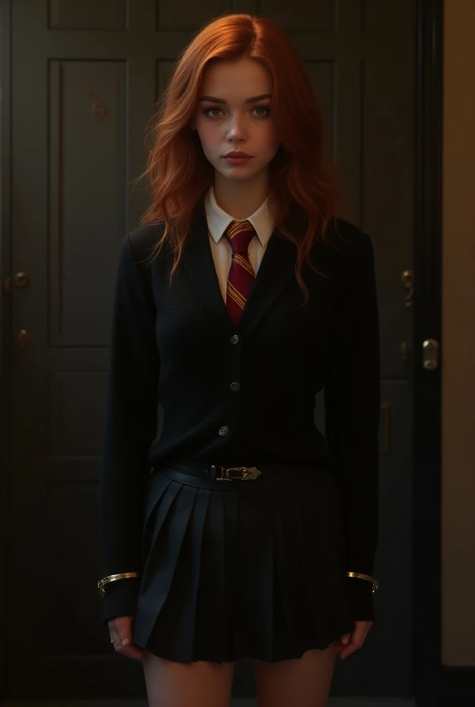 Hermione Granger, 1 girl, slightly red hair,  chest size 4 ,  gryffindor ,  student at Hogwarts School of Magic, erotic setting, Dark sweater,  belt short skirt ,  red-orange tie, 