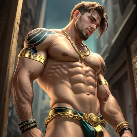 ( masterpiece ), la mejor calidad, very realistic, DETAILED, (1 man), (beautiful, muscle shirt, tattooed, ginger, Naked, He wore a small loincloth of gold metal.), wearing large and heavy gold-plated metal chains on their wrists, biceps and neck, golden ch...