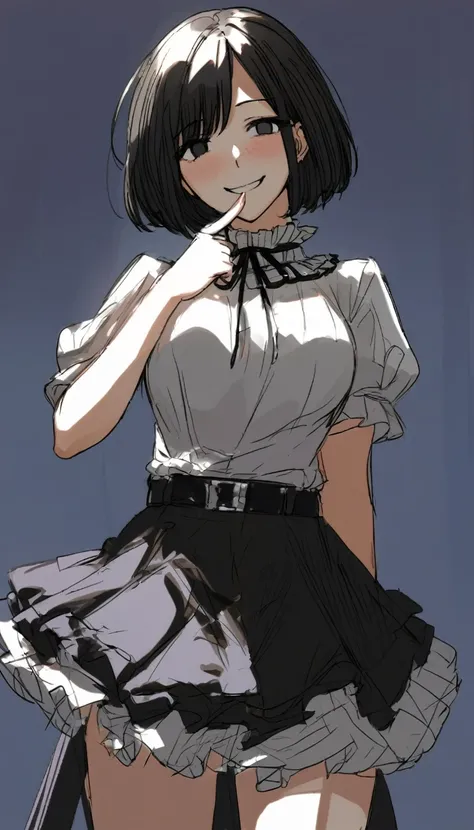 masterpiece, best quality, sketch, 1girl, solo, mature, short hair, black hair, gray eyes, empty eyes, wink, wolf cut, white shirt, short sleeves, puffy sleeves, black ribbon, black belt, (short skirt:0.3), black skirt, frilled collar, ribbon trimmed skirt...