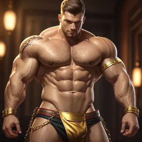 ( masterpiece ), la mejor calidad, very realistic, DETAILED, (1 man), (beautiful, muscle shirt, tattooed, ginger, Naked, He wore a small loincloth of gold metal.), wearing large and heavy gold-plated metal chains on their wrists, biceps and neck, golden ch...