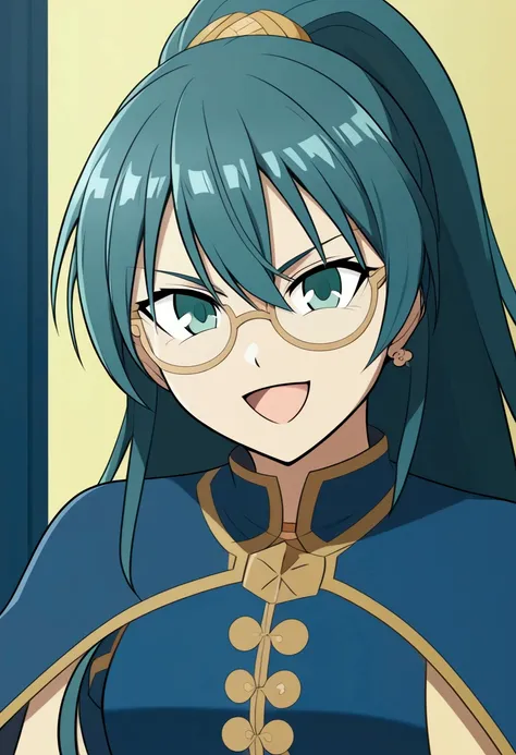 (masterpiece, best quality:1.2), 1girl, nakatsuka sumire, female, solo, aqua hair, ponytail, hair between eyes, choppy bangs, anime coloring, highly detailed, blue bikini, blue cape, light green eyes, serious, smile, open mouth, glasses, fighting stance, 2...