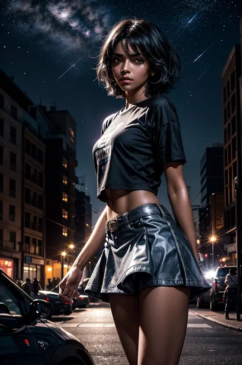 MariaCalavera, dark skin, black hair, short hair, silver eyes, t-shirt, mini skirt, cowboy shot, standing in cityscape, night, stars, crowd, (volumetric lighting), intricate details, tonemapping, sharp focus, hyper detailed 