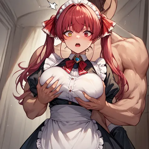 marine houshou, red hair, twintails, heterochromia, red eyes, yellow eyes, hair ribbon,large breasts,maid outfit,a man grabbing breast from behind,(surprised expression:1.2)