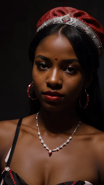 a beautiful black woman with red lips, wearing an extravagant red dress, exuberant colored necklaces, and a red and white scarf ...