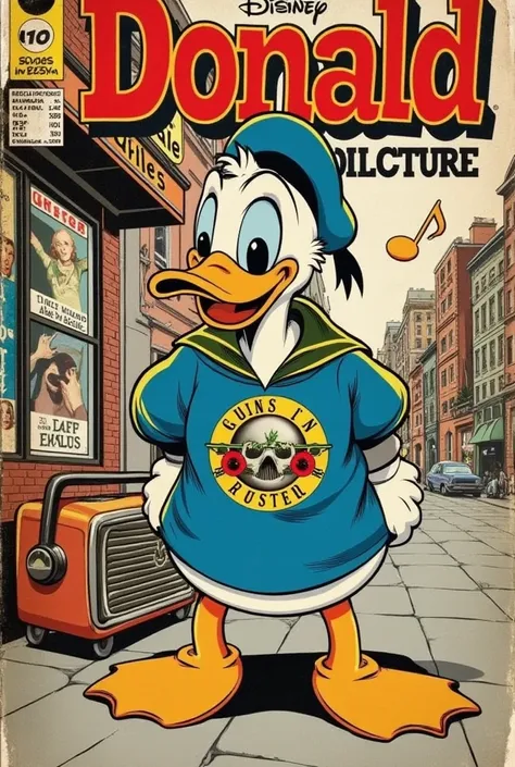 a 1940s-style magazine cover featuring an irresistibly cute yet edgier donald duck with a touch of rockstar attitude. he wears a...