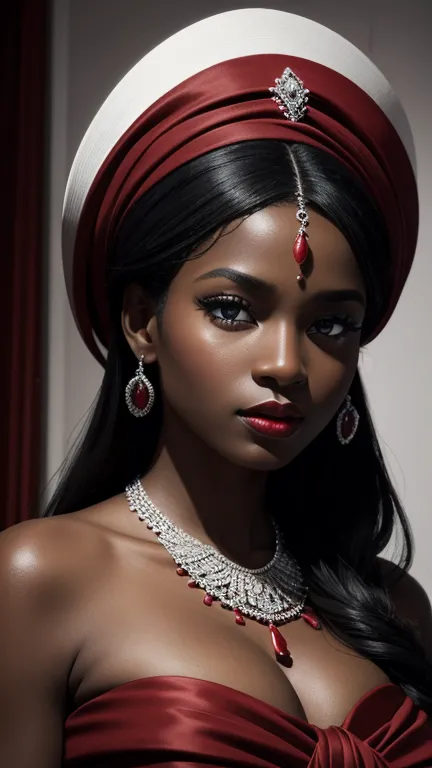 black and white pencil draws of a beautiful black woman with red lips, wearing an extravagant red dress, exuberant colored neckl...