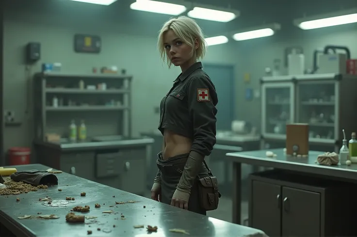 Hyperrealistic, ultra-detailed full-body artwork of a young nurse in a post-apocalyptic fantasy setting, standing beside a partially damaged stainless steel examination table in a desolate laboratory. She has a slim, determined figure, platinum blonde hair...