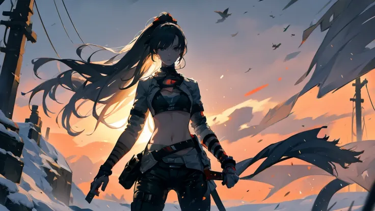 a girl stands with a sword in the wind, post apocalypse