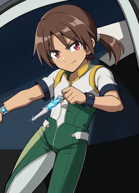 (masterpiece, best quality:1.2), 1boy, kaibara mitsuki, male, solo, brown hair, medium hair, straight hair, parted bangs, ponytail, anime coloring, highly detailed, green bodysuit, white short sleeves, tsurime, red eyes, serious, smile, 2020