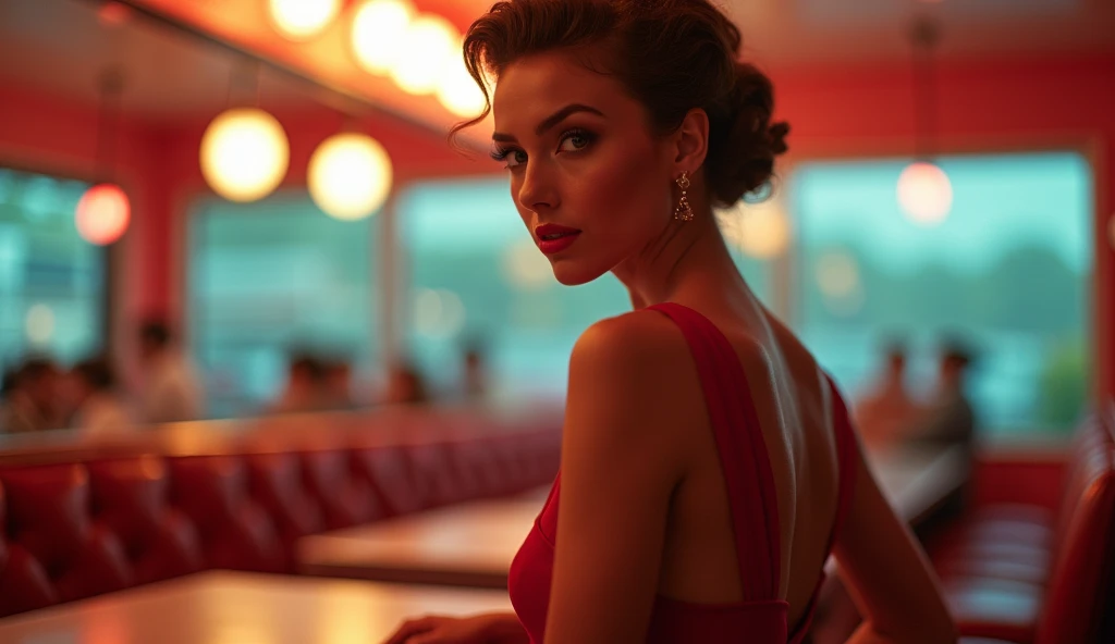 Woman in the 1950s , Shes beautiful and sexy and sensual ,  big boobs,  she is dressed in clothes of the time,  captures the essence of the time ,   she is a classic diner of the decade  , Cinematic,  illuminated image , With pastel colors from the season ...