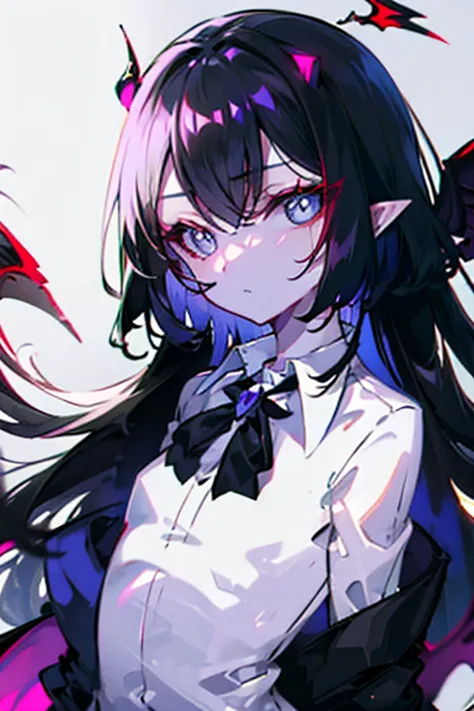 demon woman、flat chest、white buttoned shirt、clear、black bottoms、(black sclera)