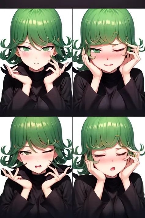 Tatsumaki, blushing, looking at the viewer, kiss, eyes closed