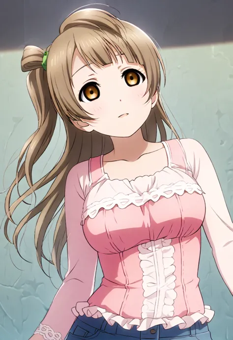 kotori minami, long grayish-brown hair, large breasts, pink lingerie, jeans, accurate body, empty eyes, expressionless, hypnosis...