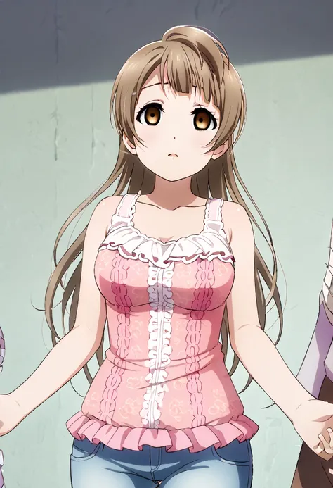 Kotori Minami, long grayish-brown hair, large breasts, pink lingerie, jeans, accurate body, empty eyes, expressionless, hypnosis, head tilted to the front, extended hands in front, zombie walk, looking away, shinyless eyes