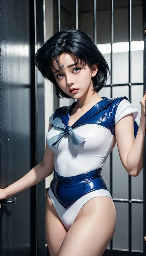  Unparalleled beauty，Beautiふul woman， scary expression，(prison)，(prison)，(In a cage)，Whipping,  table top, Rough skin,  high quality, 最 high quality,  hard disk ，Sailor Mercury:1.5