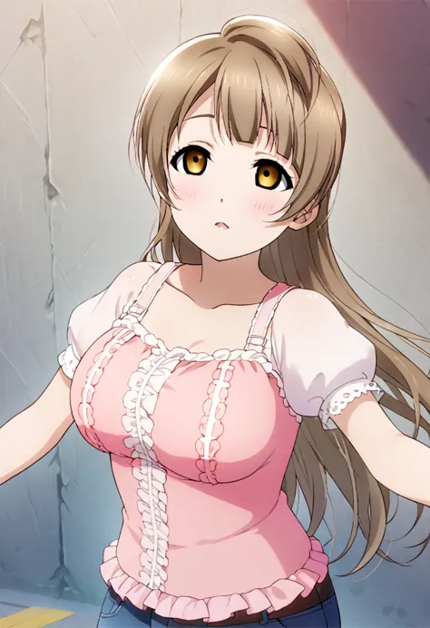 kotori minami, long grayish-brown hair, large breasts, pink lingerie, jeans, accurate body, empty eyes, expressionless, hypnosis...