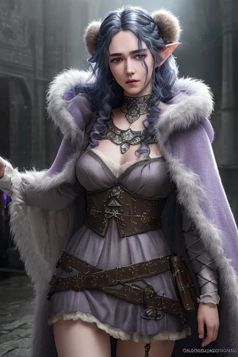 a fae witch with long curly blue hair, lavender eyes, thin lips, round face, light gray skin tone, four arms, enormous breasts, wide hips, thick thighs, wearing a bear fur cloak, medieval witch attire, mystical creature, dark and gloomy scene, (best qualit...